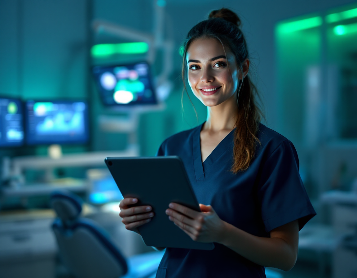 Dental hygienist reviewing system dashboard in modern dental operatory